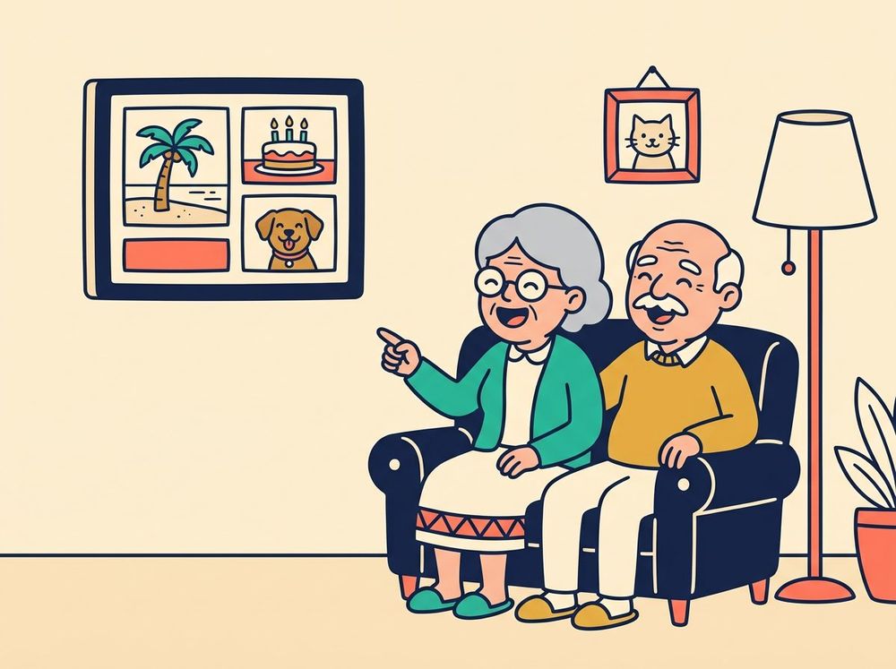 Cartoon grandparents laughing at family photos shown on their TV.