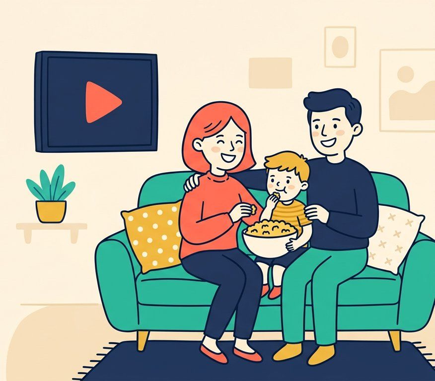 Cartoon family on a couch sharing popcorn while watching their own movies on the living room TV.