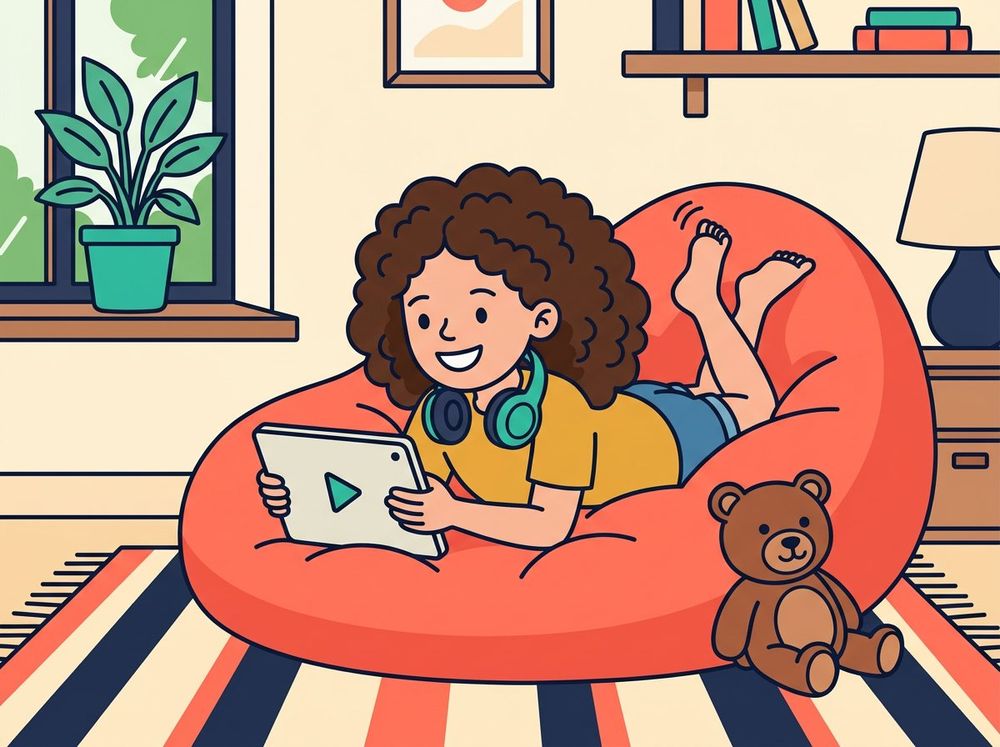 Cartoon girl on a beanbag watching a show on a tablet at home, no internet needed.