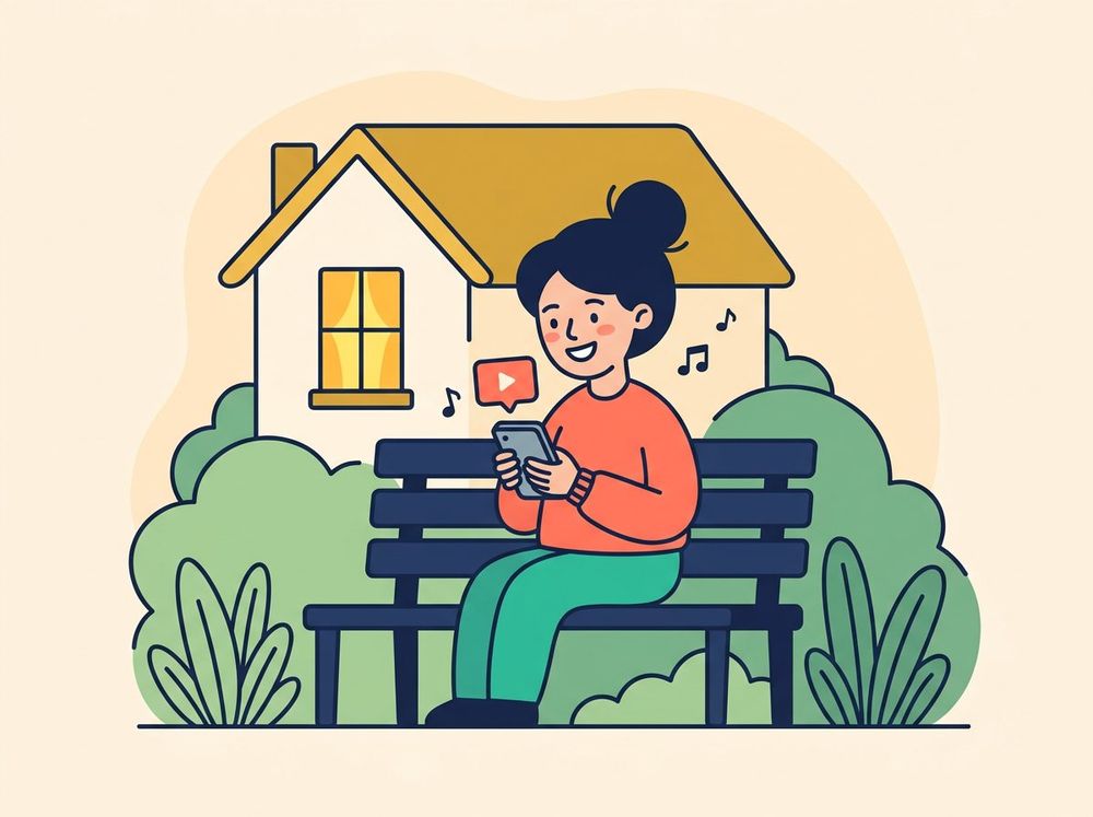 Cartoon woman on a bench outside her house streaming a video from her home library on her phone.