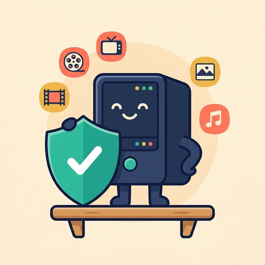 Cartoon friendly home media server holding a shield with a check mark.